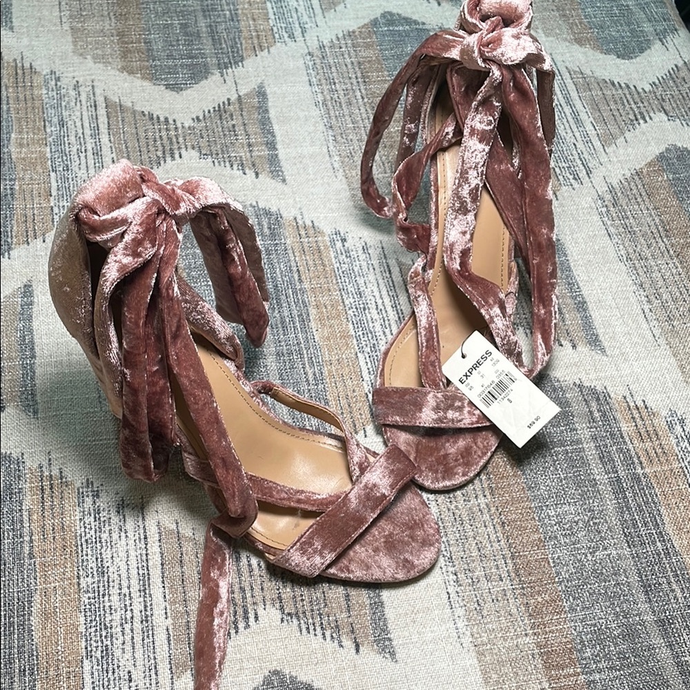 5/$25 BUNDLE Express Pink Velvet Ankle Tie Up Heels Elegant Design